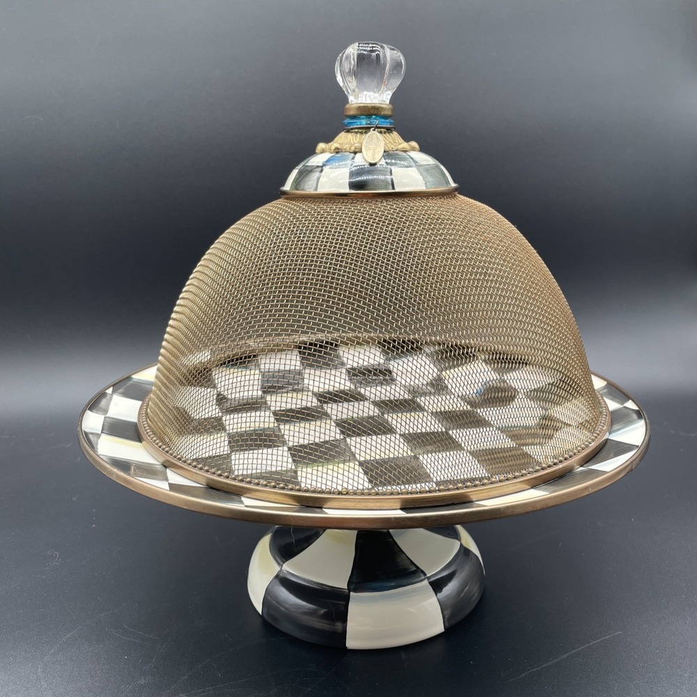 MacKenzie-Childs Courtly Check Enamel 12" Pedestal Platter With 10" Mesh Dome
